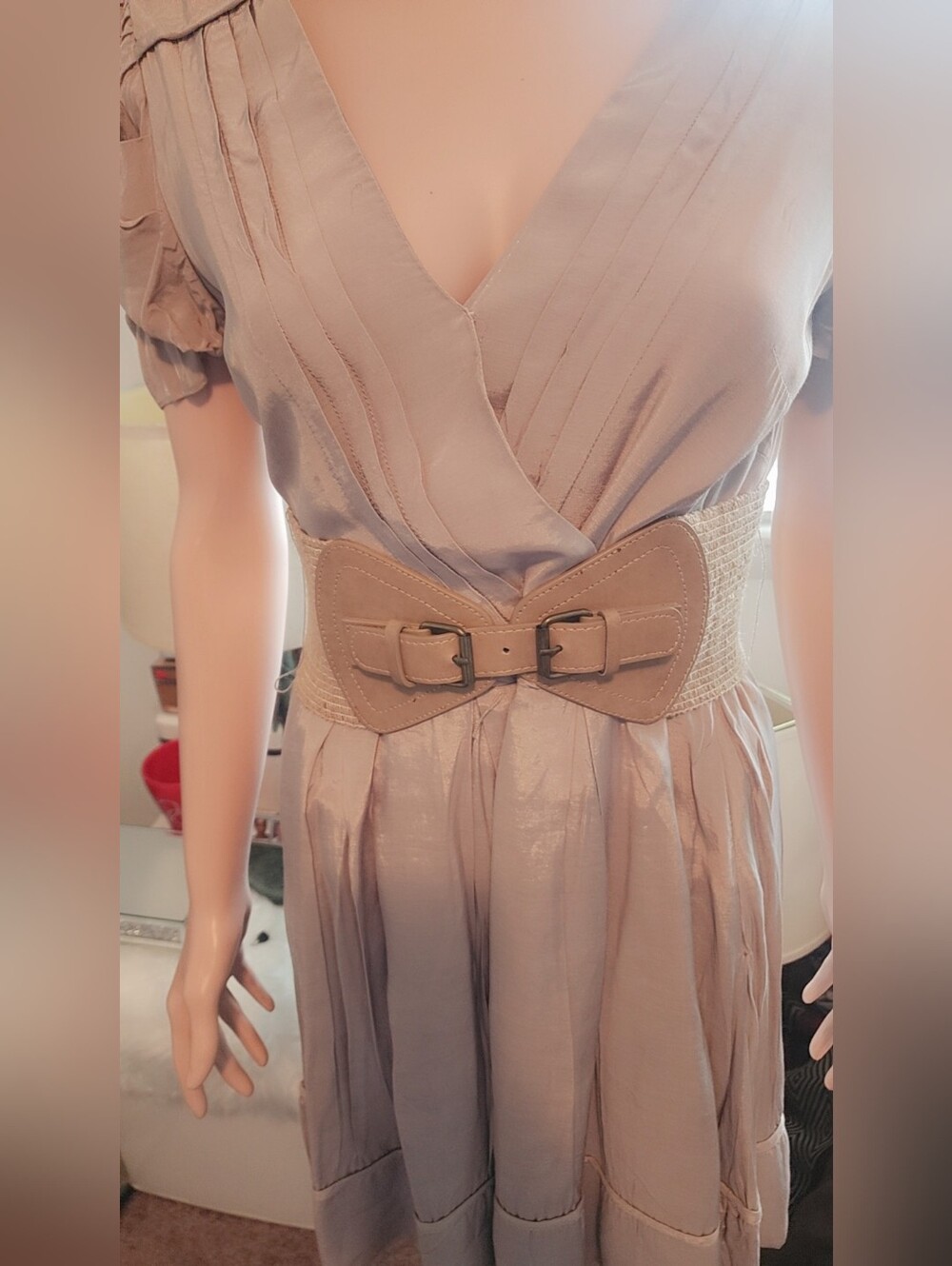 Jessica Simpson Satin dress with neutral Beige Wide Elastic Buckle Belt